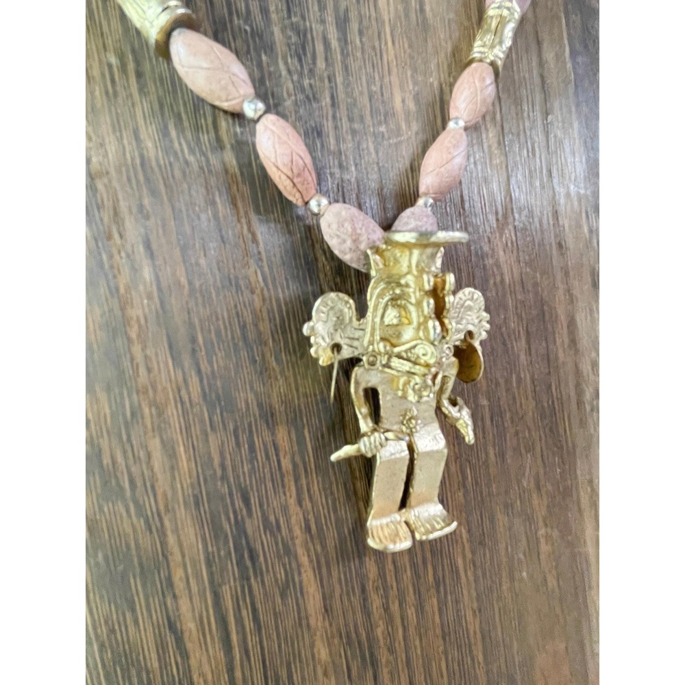 Vintage 1970s Aztec Mayan Warrior Shaman Pendant Necklace Gold Gilt Clay Beads